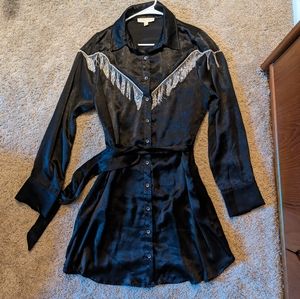 Satin Thirty/Thirty L.A. shirt dress in black with silver metal fringe in XL.